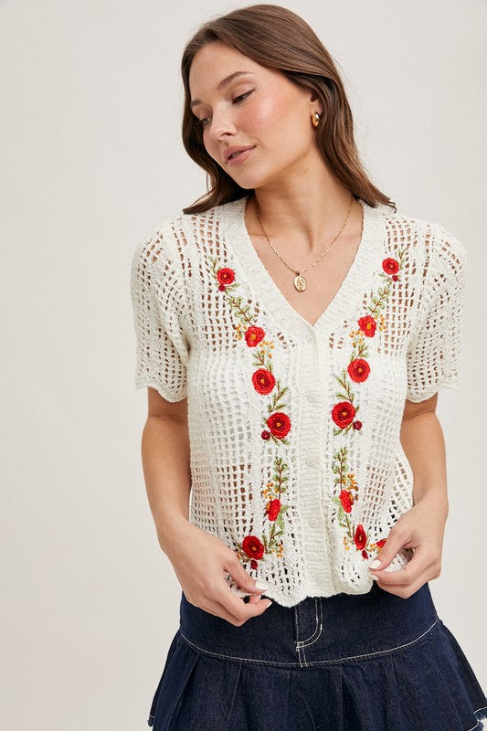 The Elowen Floral Embroidered Button Down Top in Cream