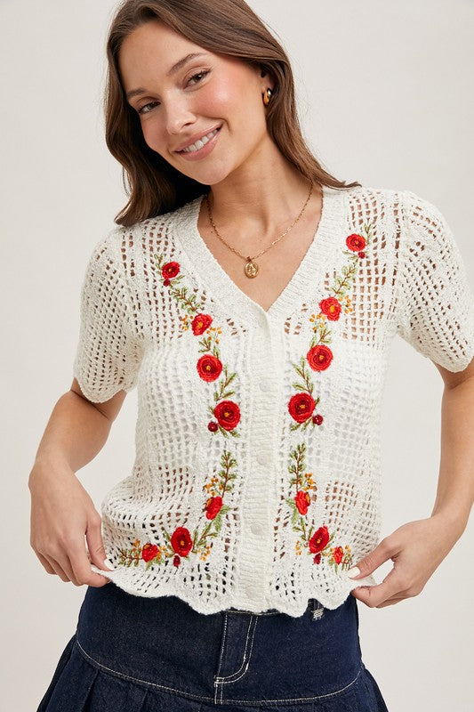 The Elowen Floral Embroidered Button Down Top in Cream