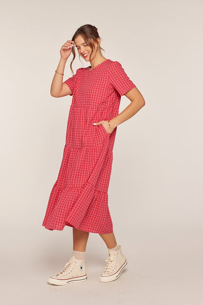 The Garnet Gingham Tiered Midi Dress in Hot Pink