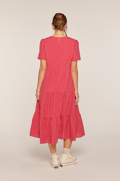 The Garnet Gingham Tiered Midi Dress in Hot Pink