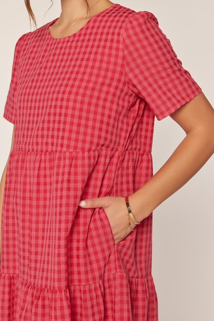 The Garnet Gingham Tiered Midi Dress in Hot Pink