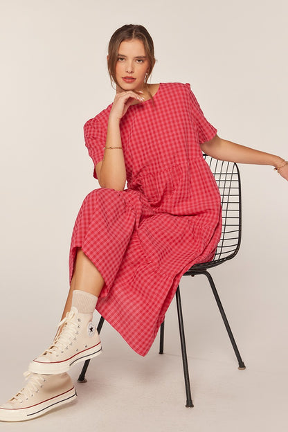 The Garnet Gingham Tiered Midi Dress in Hot Pink