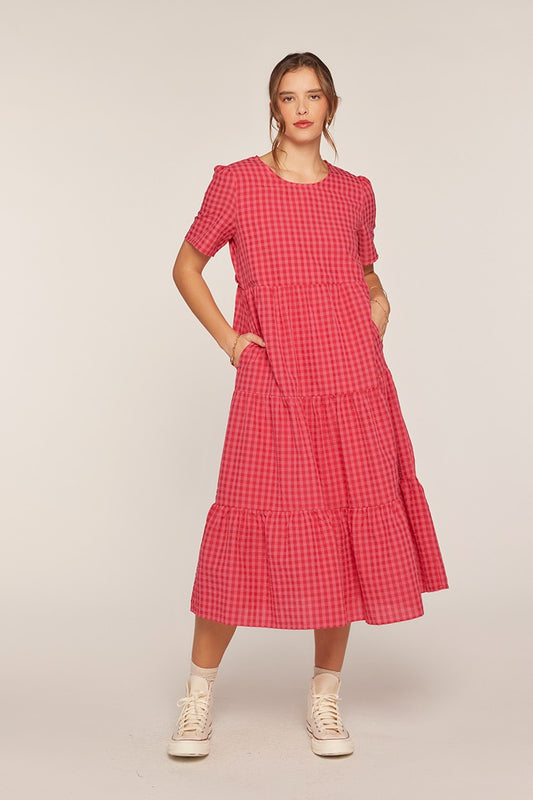 The Garnet Gingham Tiered Midi Dress in Hot Pink